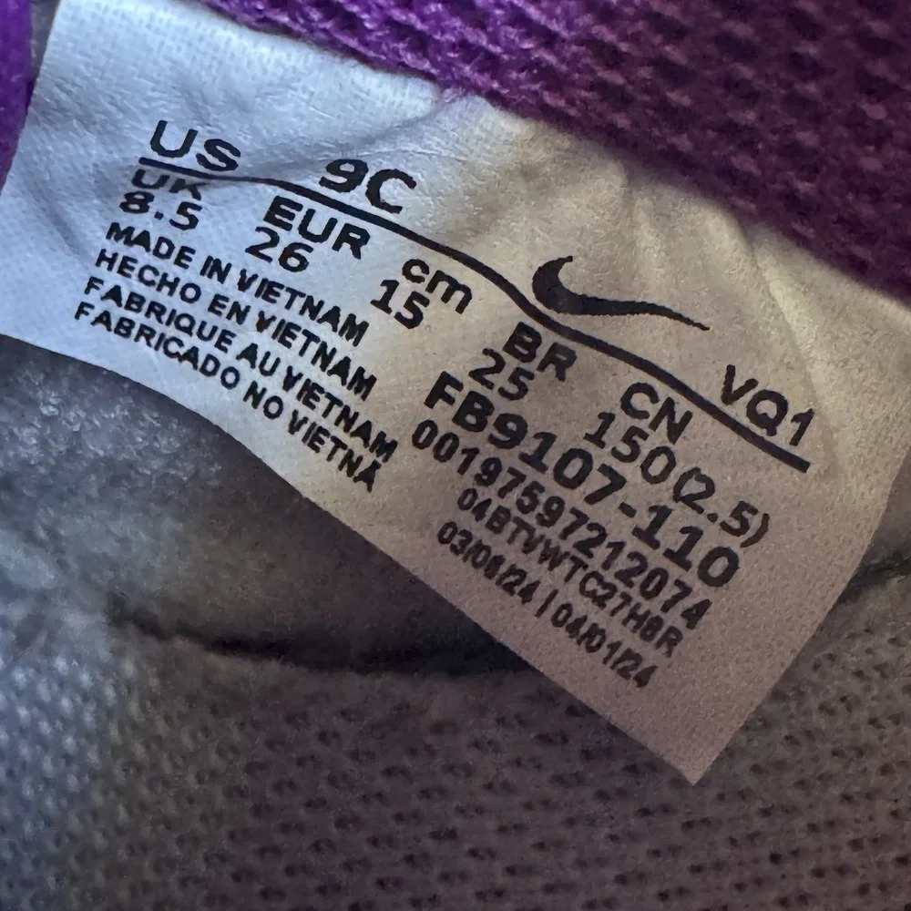 Size 9c - Nike Dunk Low White/ Viotech Toddler Shoes ( FB9107-110 )
